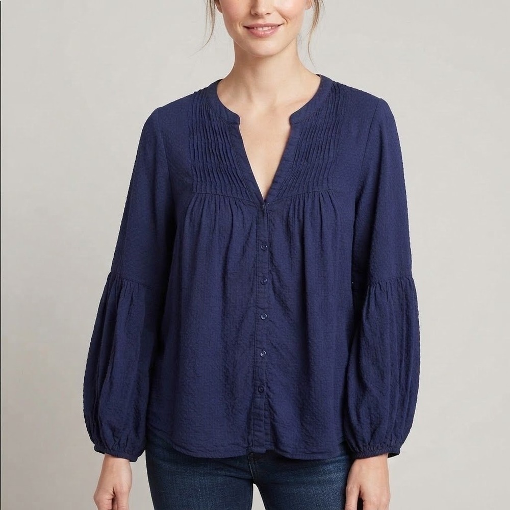 Maeve Pintuck Blouse Womens 4 Navy Balloon Sleeve Anthropologie Boho Prairie Top